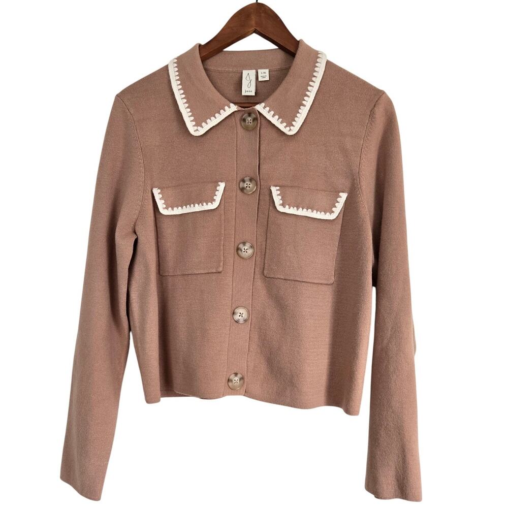 Joie Carmel Collared Cardigan Jacket Crochet Trim Pockets L Parisian Coquette